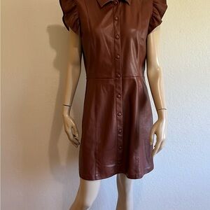 BB DAKOTA Brown Ruffled Short Sleeves Faux Leather L Dress